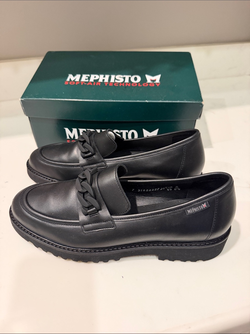 Mephisto Women’s Black Leather Chain-Trim Loafers
